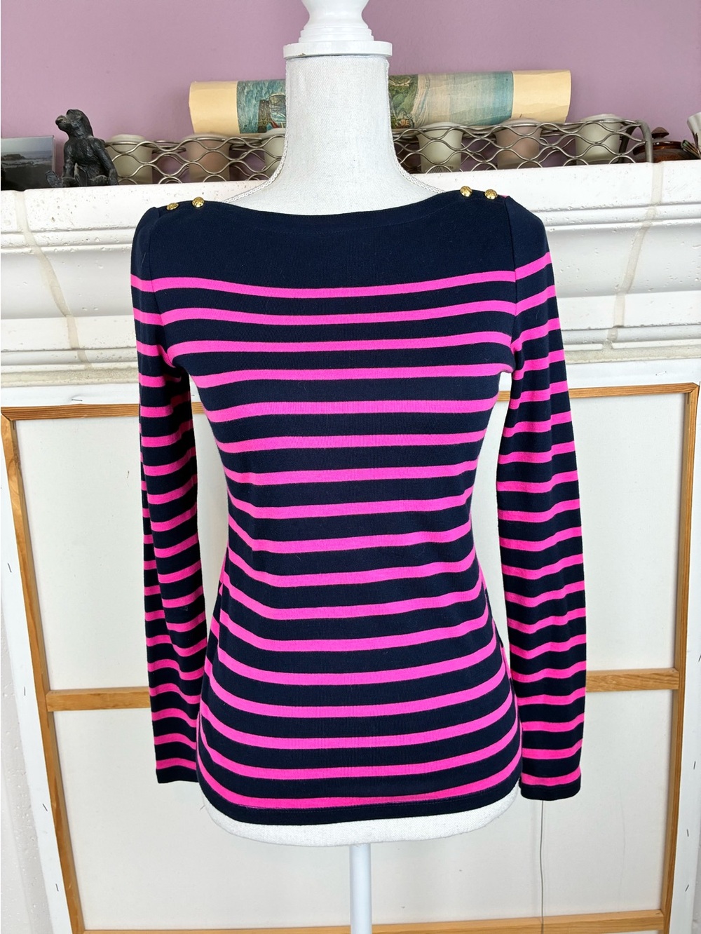 Lauren Ralph Lauren Striped Boatneck Long-Sleeve Top Navy & Pink w/brass buttons
